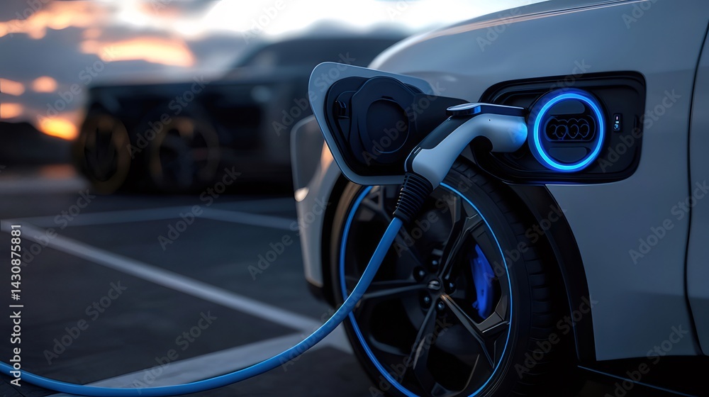 Aufkleber 電気自動車の充電ステーション 現代的なデザインと青い光が特徴的な自動車の充電シーン
