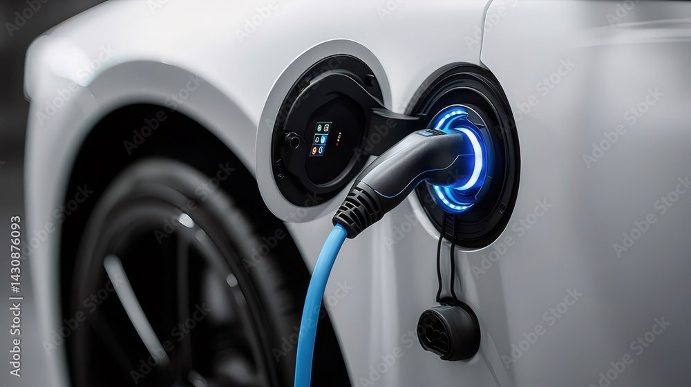 Aufkleber 白い電気自動車の充電ポートに差し込まれた青い充電ケーブル 現代的なデザインのクローズアップ
