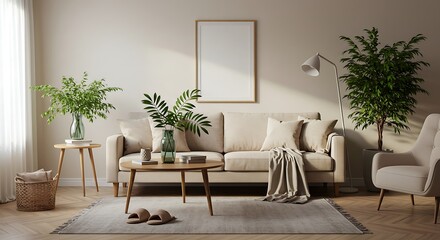 Serene Living Room Interior Design Neutral Tones, Natural Light, and Minimalist Decor