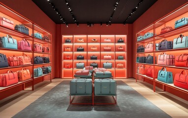 Stylish handbags displayed on shelves in a modern retail store