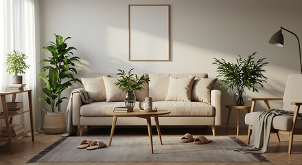 Serene Living Room Interior Design Minimalist Beige Sofa, Natural Light, and Greenery