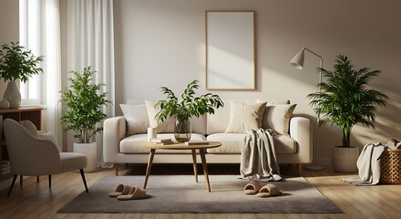 Serene Living Room Interior Design Neutral Tones, Natural Light, and Minimalist Decor