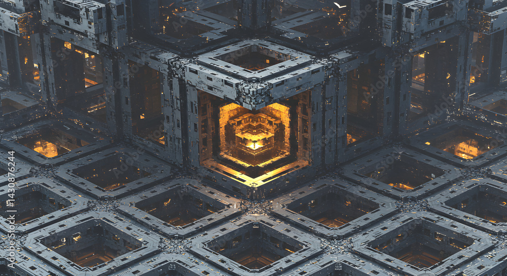 Poster mysterious geometric fractal structures in a futuristic architectural design