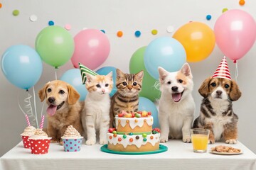 Happy cats and dogs celebrating a birthday party with decorations, treats, and joyful expressions in a festive setting