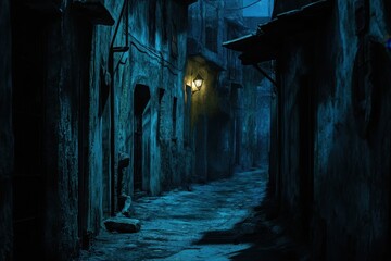 Mysterious cobblestone alley illuminated by a single lantern at night