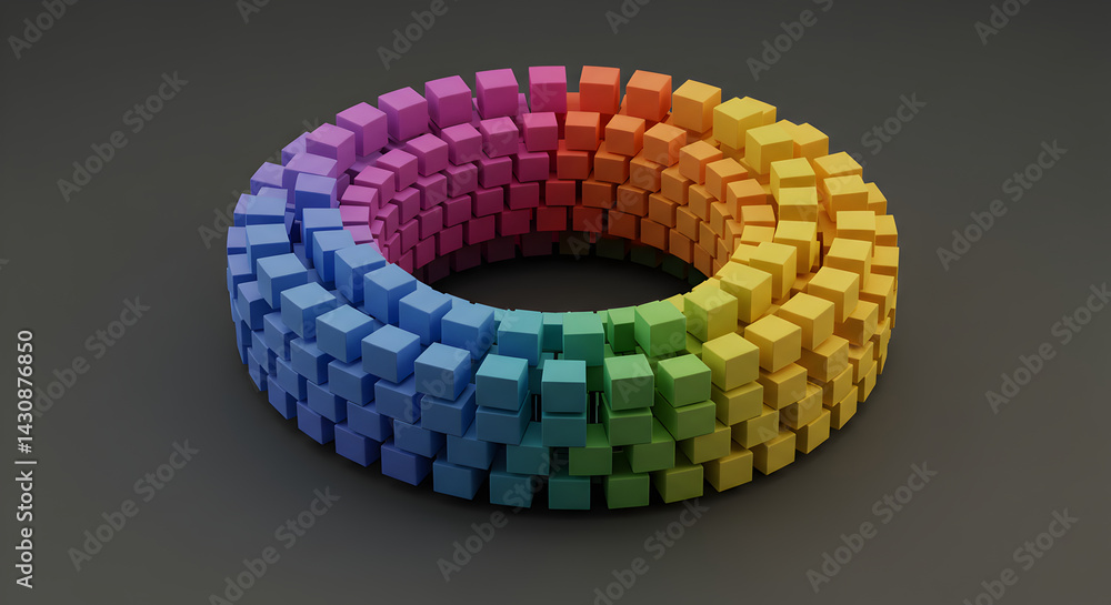 Poster abstract composition with rainbow colored cubes arranged in torus shape