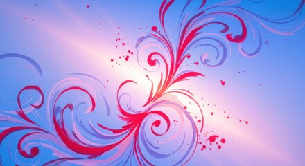 Red Swirl Floral Design on Blue Background