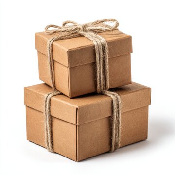 Two stacked gift boxes with twine on white background