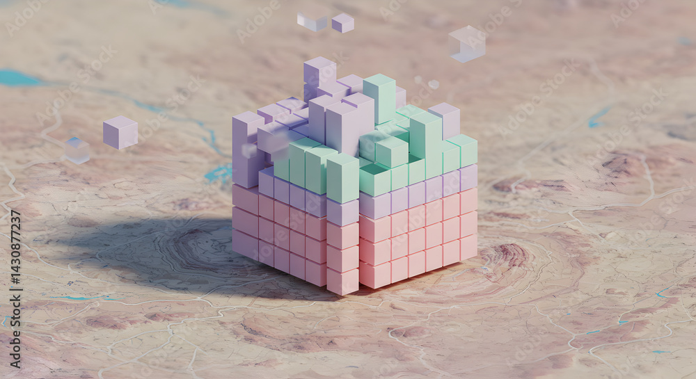 Poster abstract cube design with colorful voxels on a textured background
