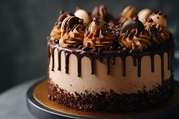 A decadent chocolate mocha drip cake with swirls and chocolate chips, evoking indulgence and richness.