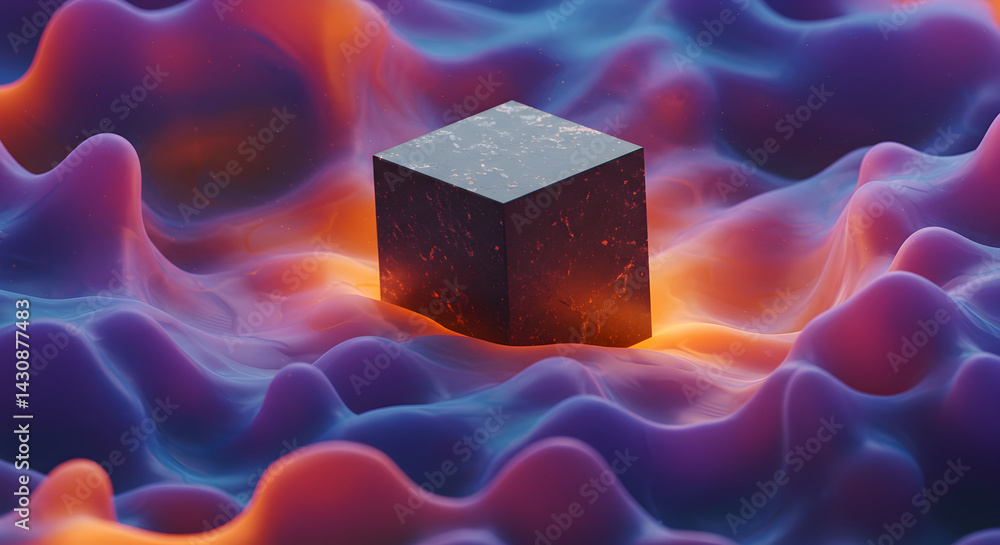 Poster abstract cube floating on waves of color and light glowing concept