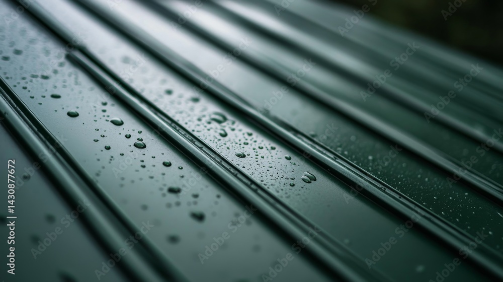 Aufkleber raindrops cling to the ridges of a dark green corrugated roof, reflecting the muted gray sky above d