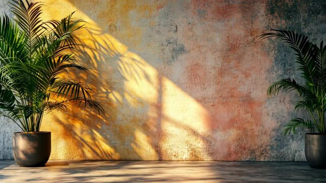 Plants in pots cast shadows on painted textured wall with dark floor in interior