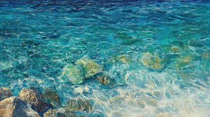 Turquoise waves lapping over rocks at the shoreline.