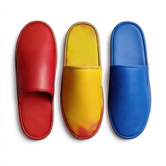 Colorful slippers in a row on white background