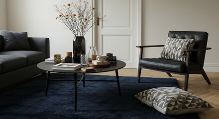 Modern Living Room Interior Design Stylish & Cozy Space with Dark Furniture and Blue Rug