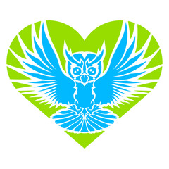 Obraz premium Owl heart symbol shape bird love flies cool logo Isolated Vector Graphic Design Illustration 
