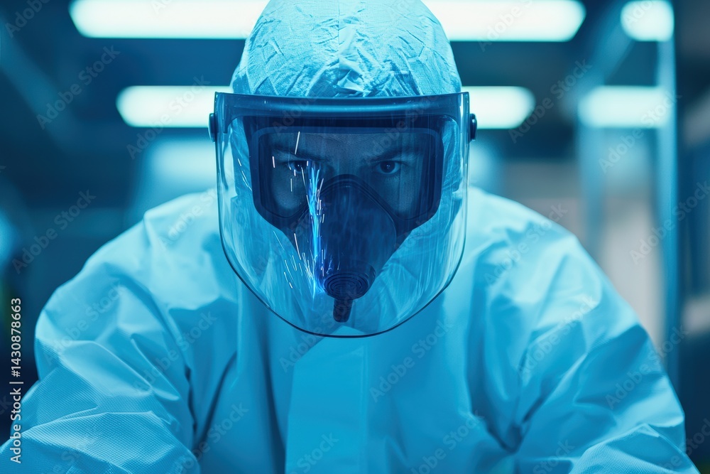 Poster scientist working in high-tech laboratory wearing protective gear
