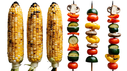 Grilled corn on the cob and vegetable skewers isolated on transparent or white background. Suitable for barbecue menus and summer grilling illustrations