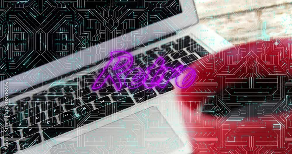 Poster silver laptop keyboard showing cyan traces and floating purple retro script beside red coffee mug