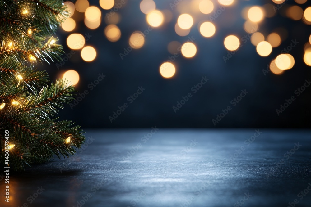 Aufkleber Dark navy backdrop with shimmering golden particles and soft bokeh lights evokes a luxurious holiday atmosphere, allowing for copy space on the left