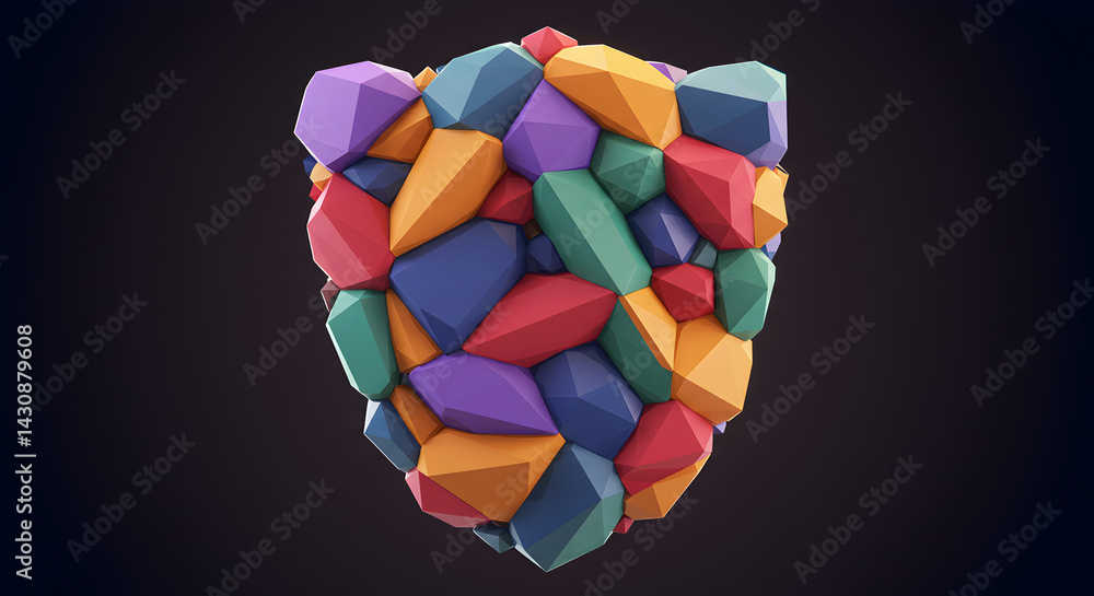 Aufkleber iridescent aggregation of geometric shapes in 3d rendering on dark background