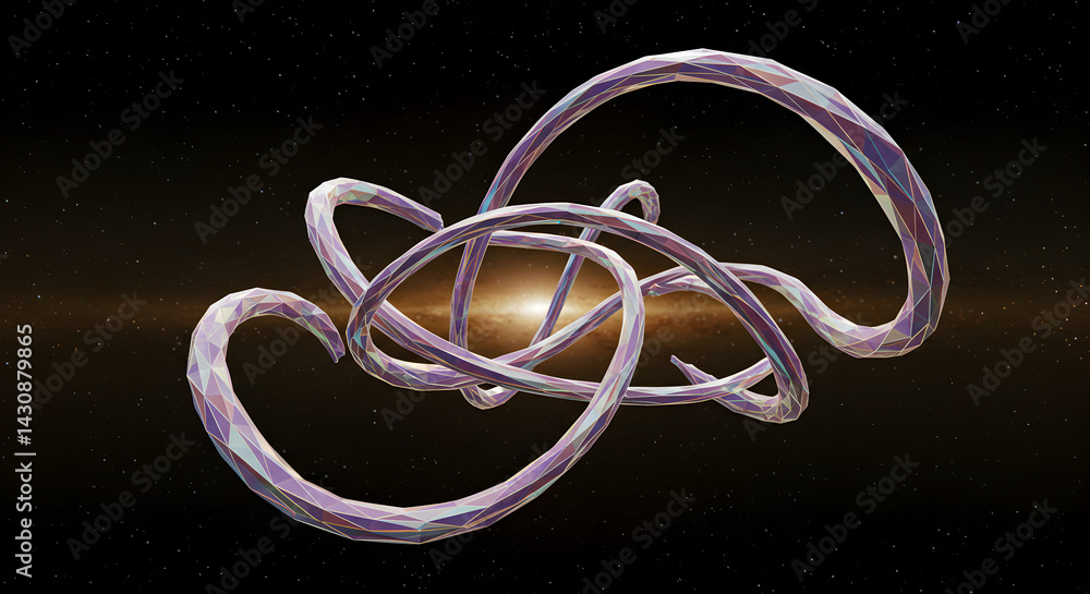 Poster abstract rendering of connected loops in space with a galaxy background
