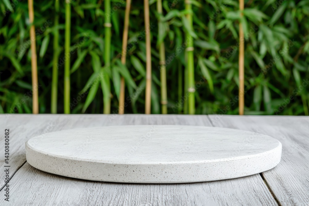 Poster empty round stone tabletop on wooden plank with blurred bamboo forest background