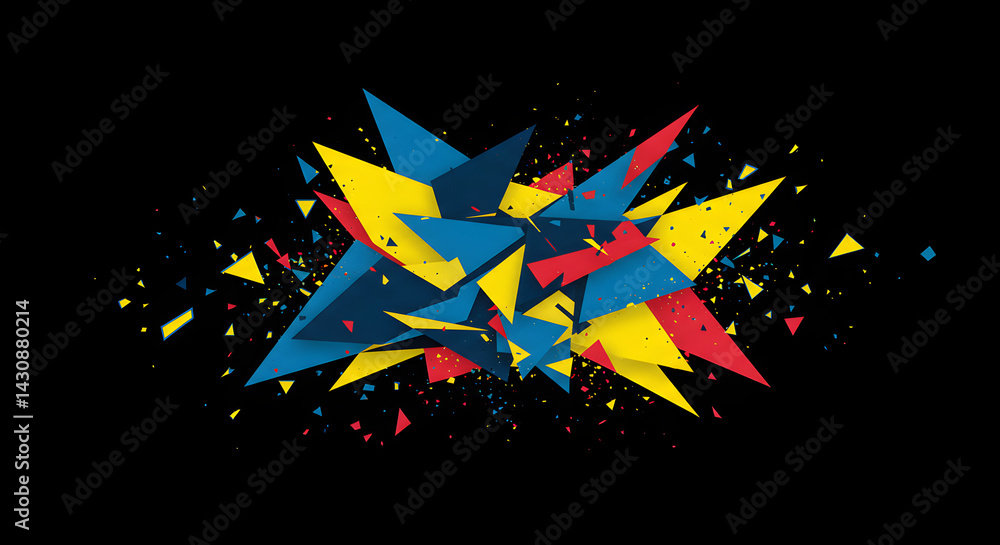 Aufkleber dynamic geometric abstract explosion with sharp triangles on black backdrop