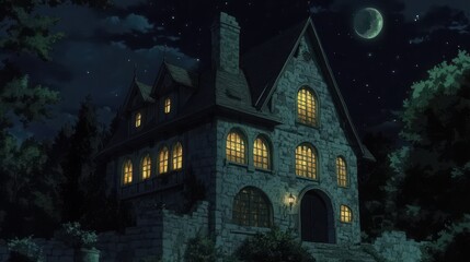 Anime, webtoon, cottage style library, small library in a castle, night time, very dark, high windows.