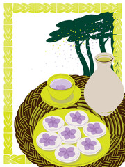  봄꽃으로 장식한 한국 전통 음식 화전. 봄철 농부들의 먹을거리, 식사 또는 간식. 핸드 드로잉으로 스케치한 벡터 일러스트레이션 				
