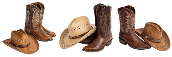  Set of cowboy boots and western hat with design isolated on a transparent background