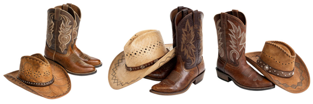  Set of cowboy boots and western hat with design isolated on a transparent background