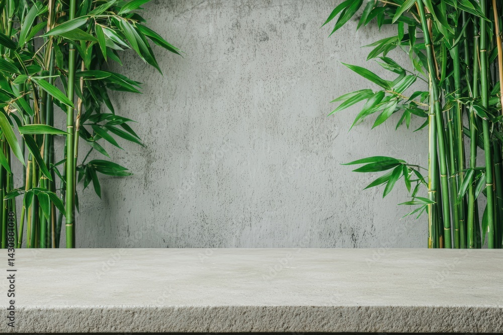 Poster empty stone tabletop with bamboo forest backdrop creating tranquil zen scene