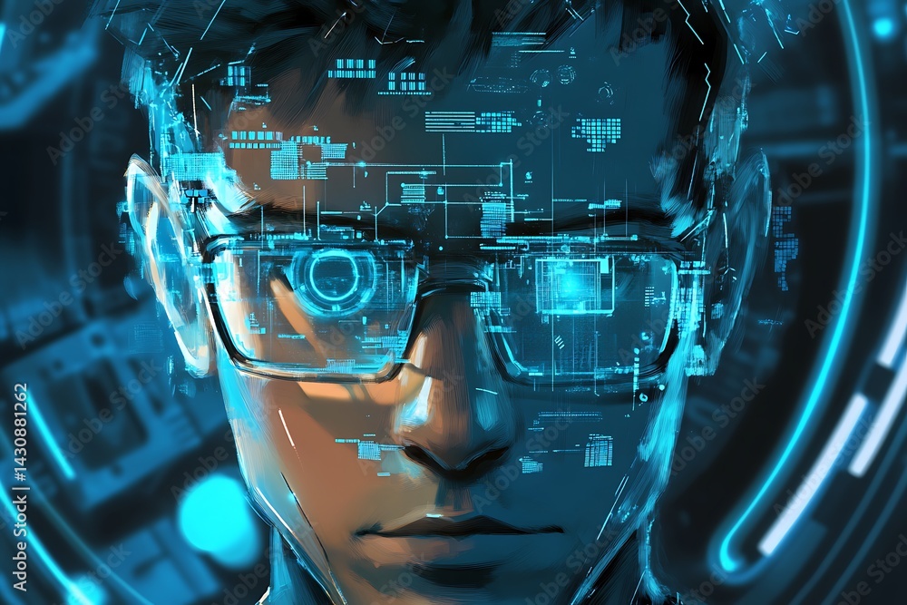 Poster man with glasses in futuristic digital interface showing cognitive technology