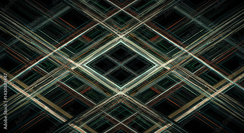 Poster symmetrical geometric grid lines forming abstract diamond shape on black backdrop