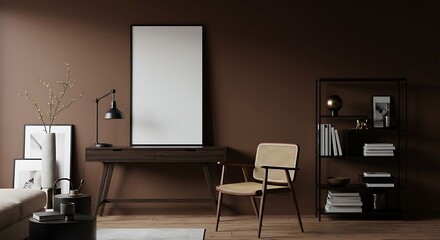 Fototapeta premium Modern Home Office Design Dark Brown Walls, Minimalist Desk & Chair, Elegant Bookshelf