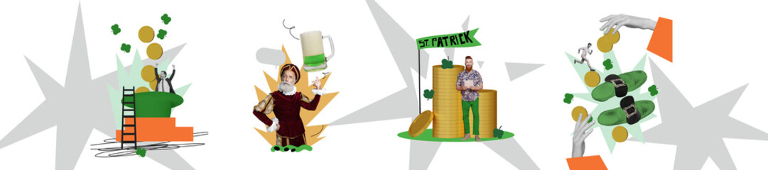 Creative artwork collage with vibrant illustrations of St. Patrick's Day themes including...