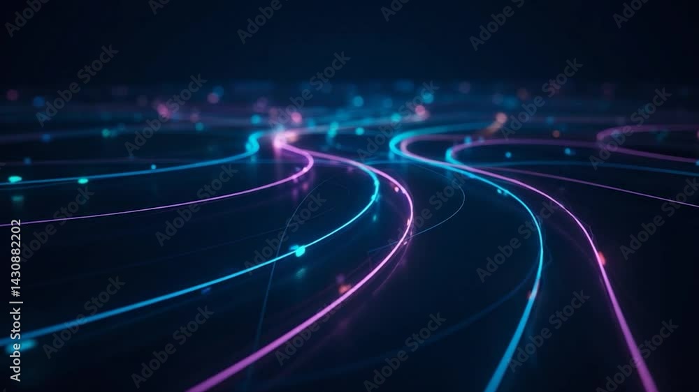 Poster a vibrant network of neon light trails forms a mesmerizing and dynamic digital design.