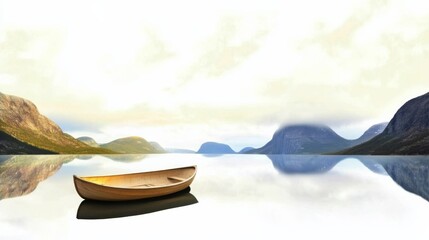 A small wooden boat floating gently on an endless, perfectly still lake, the reflection of the surrounding mountains mirroring the sky above,