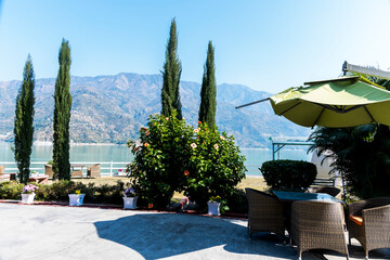 A lawn filled with various plants and trees overlooks a serene lake. This tranquil setting provides a perfect spot for relaxation and nature appreciation.