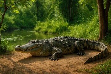 Obraz premium Large crocodile resting on river bank in lush green vegetation