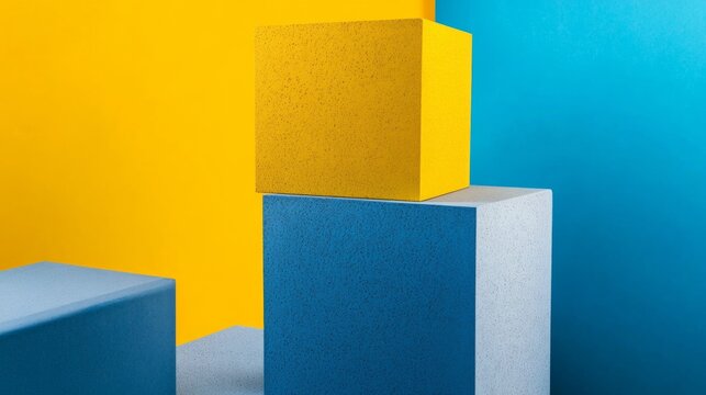 Abstract composition of geometric blocks in yellow and blue