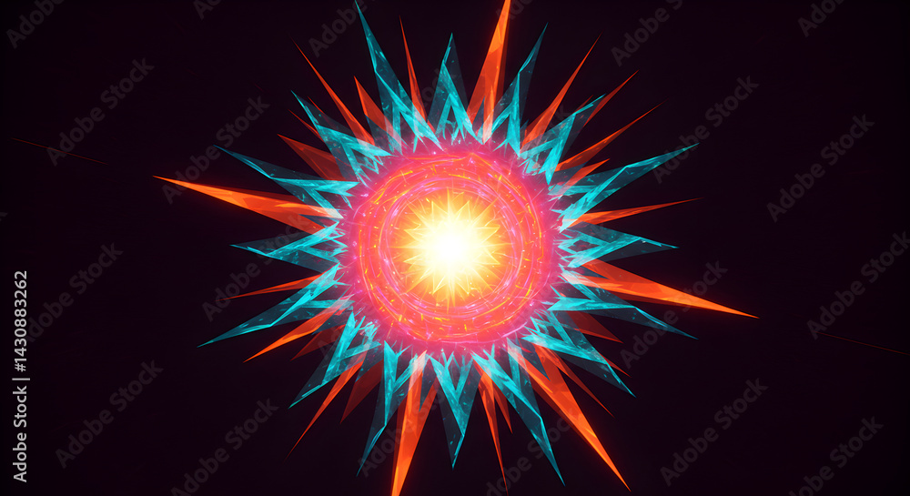 Poster vibrant abstract starburst with sharp geometric patterns against dark backdrop