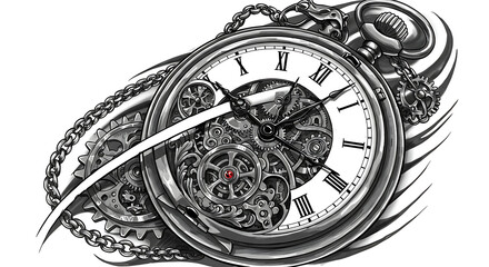 Intricate steampunk pocket watch illustration with gears and chain design