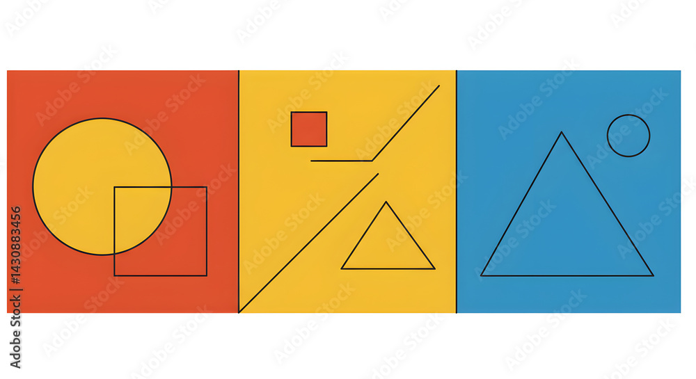 Poster geometric composition featuring circles squares and triangles in primary colors