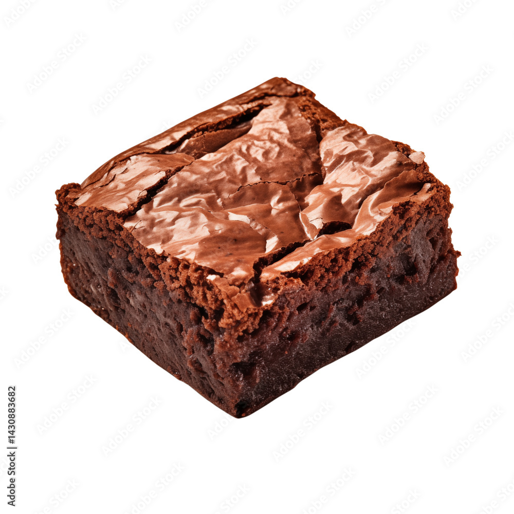 Poster close up shot of a single square brownie with a shiny top on a transparent background isolated png