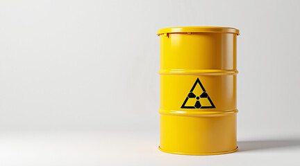 Yellow Hazardous Waste Barrel with Radiation Symbol on White Background