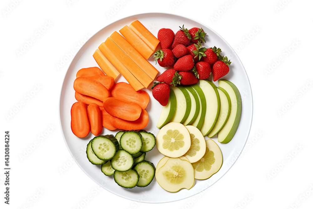 Poster a white plate filled with carrots strawberries apples cucumbers and lemon slices neatly arranged tog