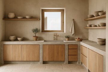 rustic, minimalist Mediterranean kitchen with natural textures